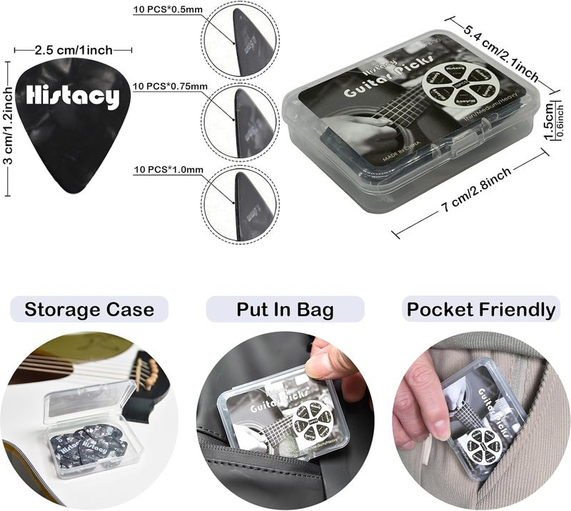 Histacy All Black Guitar Accessories Kit: Clip-On Tuner, 3-in-1 Capo, 30 Picks & Storage for Acoustic, Electric Guitar, Bass & Ukulele, All-in-One Perfect Guitar Gift Set for Men & Beginners & Pros - Image 4